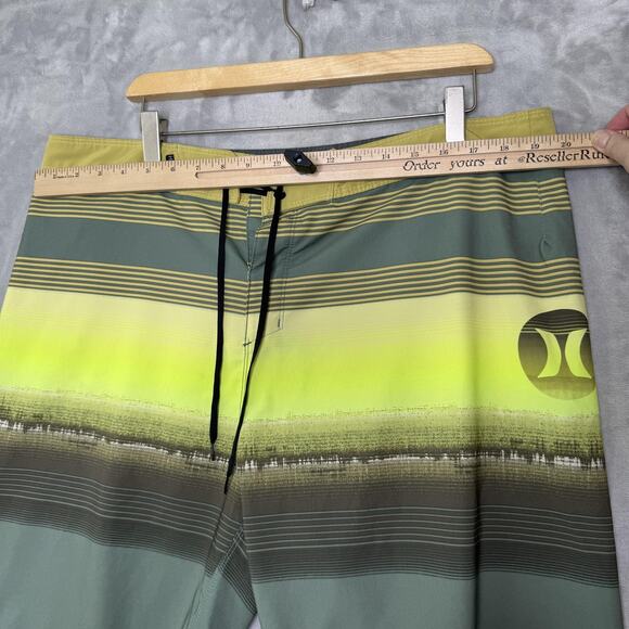 Hurley Phantom Board Shorts Mens 36 Green Yellow Stripe Swim Trunks Surf Pocket - Picture 5 of 10